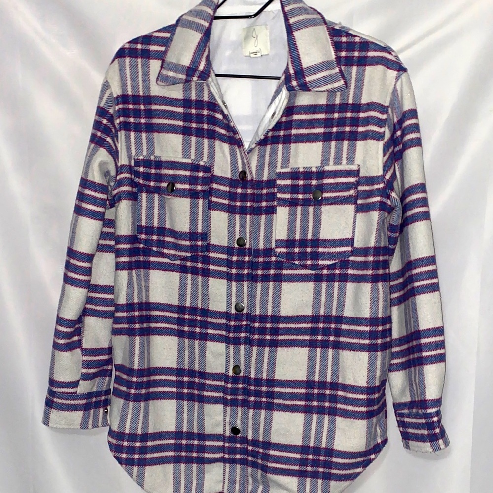Joie Wo size small Plaid FLANNEL Button Down‎ Shirt Blue Red SILVER SNAP CLOSURE